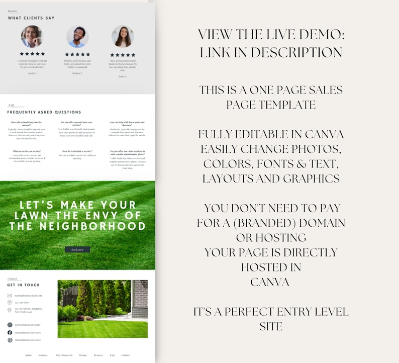Puede incluir: Una plantilla de sitio web para empresas de cuidado de c&eacute;sped. La plantilla presenta un c&eacute;sped verde, un bot&oacute;n de llamada a la acci&oacute;n y texto que dice "Hagamos que tu c&eacute;sped sea la envidia del vecindario".