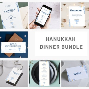Modifiable Hanukkah Bundle Canva Invitation Hanukkah Dinner Menu Modèle Étiquettes cadeaux Hanukkah Place Cards Hanukkah Table Decor Hanukkah Decor