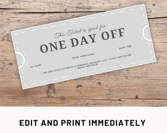 Day Off Coupon Editable Gift Coupon Template Canva Free Day Voucher Gift Certificate Printable Coupon Custom Last Minute Gift Day Off