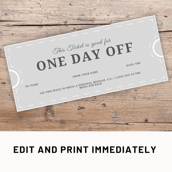 Day Off Coupon Editable Gift Coupon Template Canva Free Day Voucher Gift Certificate Printable Coupon Custom Last Minute Gift Day Off