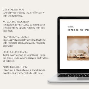 May include: A laptop computer mockup showing a website template with the text "Explore My Work" and a photo of a modern living room with a white sofa. The text on the left side of the image describes the features of the website template, including no coding required, professional design, fully customizable, and add clickable links.