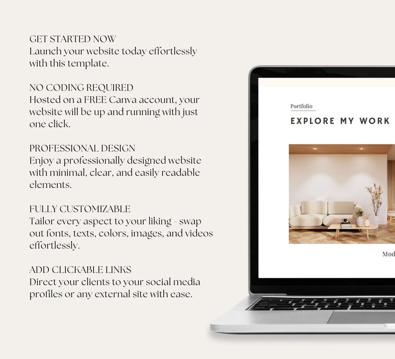 May include: A laptop computer mockup showing a website template with the text "Explore My Work" and a photo of a modern living room with a white sofa. The text on the left side of the image describes the features of the website template, including no coding required, professional design, fully customizable, and add clickable links.