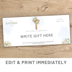 Cupón de regalo de bautizo Plantilla de cupón de regalo de bautismo editable Vale de Canva Regalo de bautismo Cupón imprimible Bautismo Regalo personalizado de último minuto