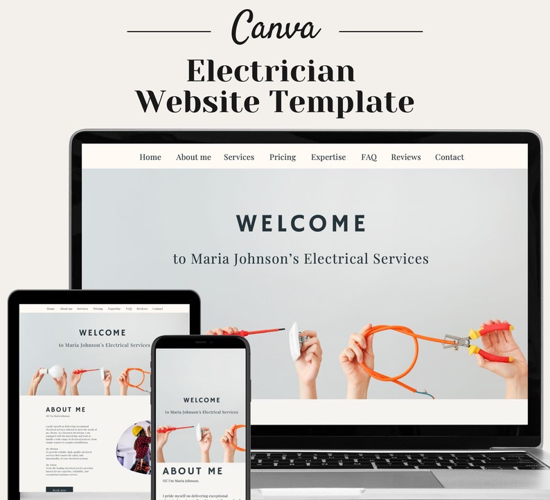 May include: A website template for electricians, featuring a welcome message and a call to action to learn more about Maria Johnson's Electrical Services. The website design includes a header with navigation links, a hero image with a welcome message, and a section with an "About Me" button.