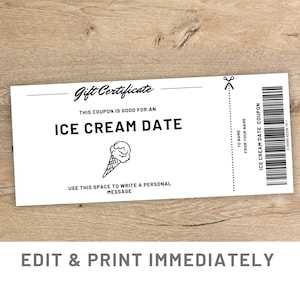 Eiscreme-Datumsgutschein, bearbeitbare Geschenkgutscheinvorlage, Canva-Eiscreme-Gutschein, Geschenkgutschein, druckbarer Gutschein, Eiscreme-Last-Minute-Geschenk