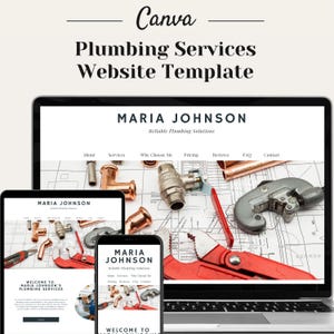 May include: A website template for plumbing services, featuring a laptop, tablet, and smartphone displaying a website design with the text "MARIA JOHNSON Reliable Plumbing Solutions" and the navigation menu "About, Services, Why Choose Me, Pricing, Reviews, FAQ, Contact". The website design features a background image of plumbing tools and pipes.