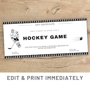 Modèle de toile imprimable Ticket de match de hockey surprise Coupon-cadeau de match de hockey personnalisé Coupon de sport Billet de hockey surprise Coupon de hockey de dernière minute