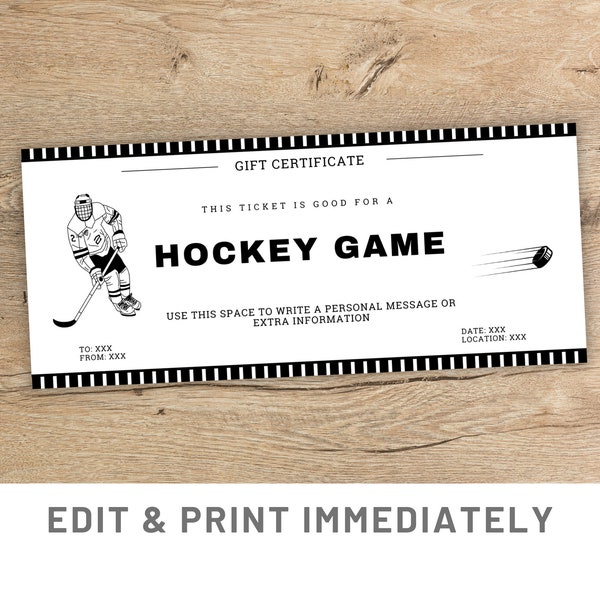 Surprise Hockey Game Ticket Printable Canva Template Custom Hockey Game Gift Coupon Sport Surprise Ticket Hockey Coupon Last Minute Gift