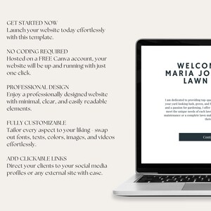 Puede incluir: La pantalla de un ordenador port&aacute;til que muestra un sitio web para un servicio de cuidado de c&eacute;sped. El sitio web se titula "Bienvenido Maria John Lawn Care" e incluye una descripci&oacute;n de los servicios ofrecidos, junto con un bot&oacute;n "Contacto".