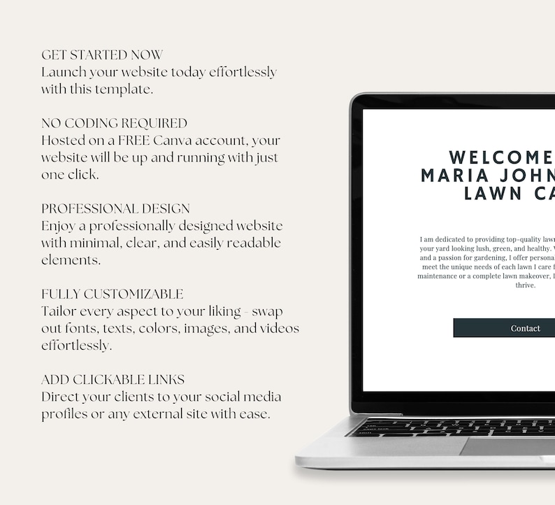 Puede incluir: La pantalla de un ordenador port&aacute;til que muestra un sitio web para un servicio de cuidado de c&eacute;sped. El sitio web se titula "Bienvenido Maria John Lawn Care" e incluye una descripci&oacute;n de los servicios ofrecidos, junto con un bot&oacute;n "Contacto".