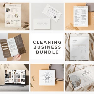 May include: A cleaning business bundle featuring a range of printable templates, such as a cleaning service price list, a loyalty card, a cleaning checklist, an invoice, a gift certificate, and a logo. The templates are designed in a minimalist style with a neutral colour palette.