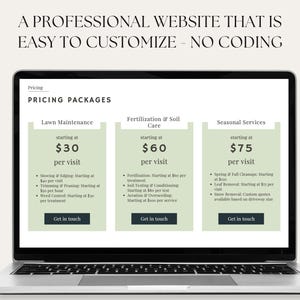 Puede incluir: Una captura de pantalla de un sitio web que muestra paquetes de precios para servicios de cuidado de c&eacute;sped. Los paquetes incluyen mantenimiento de c&eacute;sped, fertilizaci&oacute;n y cuidado del suelo, y servicios estacionales. Cada paquete enumera el precio inicial por visita y una descripci&oacute;n de los servicios incluidos.