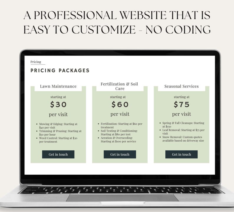Puede incluir: Una captura de pantalla de un sitio web que muestra paquetes de precios para servicios de cuidado de c&eacute;sped. Los paquetes incluyen mantenimiento de c&eacute;sped, fertilizaci&oacute;n y cuidado del suelo, y servicios estacionales. Cada paquete enumera el precio inicial por visita y una descripci&oacute;n de los servicios incluidos.