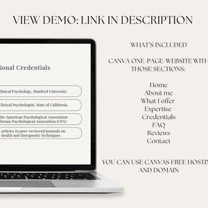 K&ouml;nnte beinhalten: Ein Laptop-Bildschirm zeigt ein Website-Mockup mit dem Text "VIEW DEMO: LINK IN DESCRIPTION" oben. Die Website ist f&uuml;r einen Therapeuten und enth&auml;lt Abschnitte f&uuml;r "Home", "&Uuml;ber mich", "Was ich anbiete", "Expertise", "Anmeldeinformationen", "FAQ", "Bewertungen" und "Kontakt". Der Text "CANVA ONE-PAGE-WEBSITE WITH THOSE SECTIONS" wird ebenfalls auf dem Bildschirm angezeigt. Der Text "YOU CAN USE CANVAS FREE HOSTING AND DOMAIN" wird am unteren Bildschirmrand angezeigt.