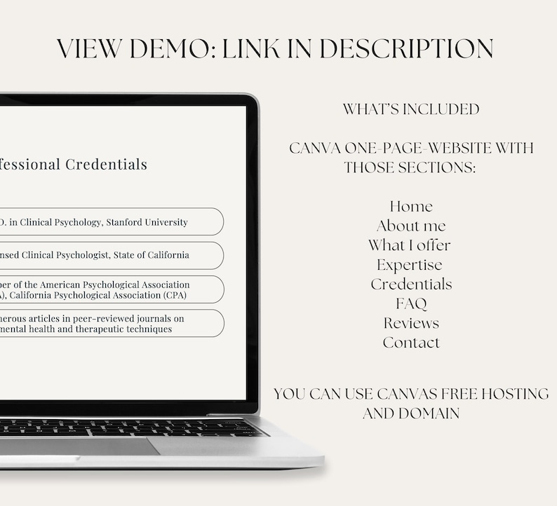 K&ouml;nnte beinhalten: Ein Laptop-Bildschirm zeigt ein Website-Mockup mit dem Text "VIEW DEMO: LINK IN DESCRIPTION" oben. Die Website ist f&uuml;r einen Therapeuten und enth&auml;lt Abschnitte f&uuml;r "Home", "&Uuml;ber mich", "Was ich anbiete", "Expertise", "Anmeldeinformationen", "FAQ", "Bewertungen" und "Kontakt". Der Text "CANVA ONE-PAGE-WEBSITE WITH THOSE SECTIONS" wird ebenfalls auf dem Bildschirm angezeigt. Der Text "YOU CAN USE CANVAS FREE HOSTING AND DOMAIN" wird am unteren Bildschirmrand angezeigt.