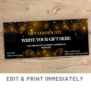 Coupon de feu d'artifice Modèle de coupon-cadeau modifiable Canva Modèle de certificat-cadeau du Nouvel An Coupon-cadeau imprimable Carte de bonne année personnalisée