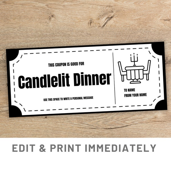 Candlelit Dinner Coupon Editable Gift Dinner Coupon Template Canva Candle-light Voucher Gift Printable Coupon Dinner Custom Last Minute Gift