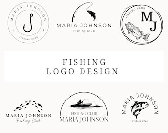 May include: Five black and white logo designs for a fishing club called "Maria Johnson Fishing Club". The logos feature a fishing hook, a fish, a boat, and the initials "MJ".