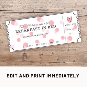 Coupon ontbijt op bed bewerkbare cadeaubon sjabloon Canva waardebon liefdescadeaubon Afdrukbare ontbijtcoupon aangepast last-minute cadeau