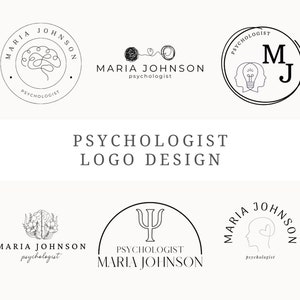 Peut inclure: Une collection de logos en noir et blanc pour une psychologue nommée Maria Johnson. Les logos représentent un cerveau, une ampoule, un cœur et un symbole de psychologie.