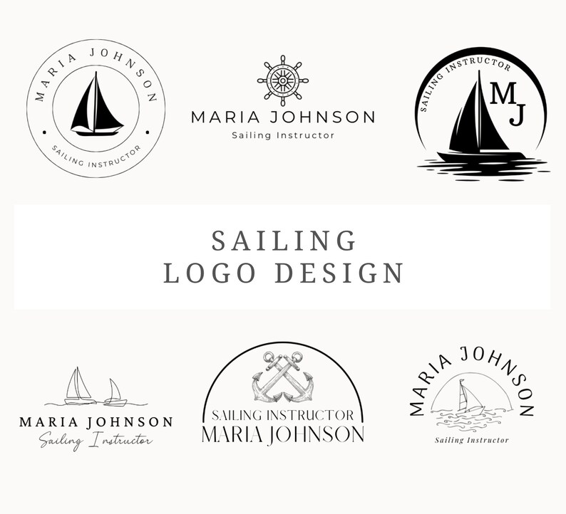 Puede incluir: Una colecci&oacute;n de cinco dise&ntilde;os de logotipos en blanco y negro para una instructora de vela llamada Maria Johnson. Los logotipos presentan un velero, un volante, una br&uacute;jula y anclas.