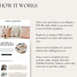 May include: A screenshot of a website explaining how to use a Canva website template. The website is for Maria Johnson's Interior Design business. The text on the website says "Welcome to Maria Johnson's Interior Design" and "Services Tailored to You". The website also includes a link to access a PDF file with instructions on how to use the template.