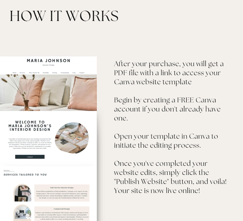 May include: A screenshot of a website explaining how to use a Canva website template. The website is for Maria Johnson's Interior Design business. The text on the website says "Welcome to Maria Johnson's Interior Design" and "Services Tailored to You". The website also includes a link to access a PDF file with instructions on how to use the template.