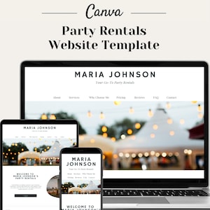 May include: A website template for party rentals, featuring a laptop, tablet, and smartphone displaying a website design with the text "MARIA JOHNSON Your Go-To Party Rentals" and a blurred background image of a party tent with string lights.