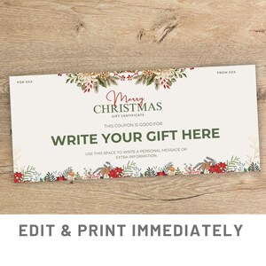 Cupom de presente de Natal personalizado Modelo de cupom de presente de Natal Canva Modelo de cartão de presente floral de Natal para impressão Presente de última hora de Natal