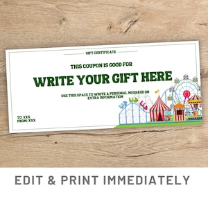 Theme Park Gift Coupon Editable Gift Coupon Template Canva Fun Park Gift Certificate Funfair Birthday Gift Amusement Park Ticket Custom