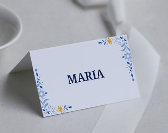 Editable Hanukkah Place Cards, Blue Floral Design (Digital Template)
