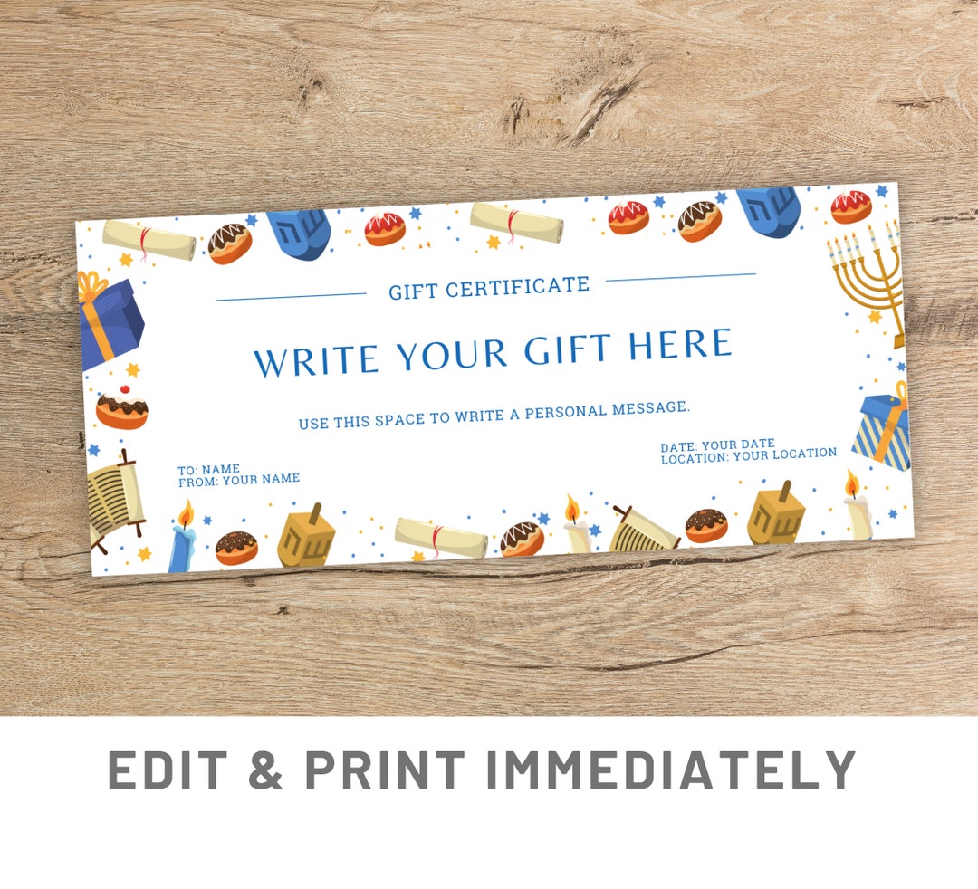 Hanukkah Gift Card Custom Template Canva Coupon Hanukkah Voucher Gift ...