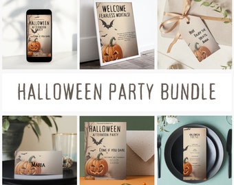 May include: A Halloween party bundle with printable decorations, including a welcome sign, a menu, a place card, and a gift tag. The decorations feature a cartoon pumpkin with a spooky face and bats.