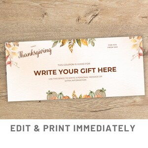 Thanksgiving Coupon Editable Gift Coupon Template Canva Thanksgiving Voucher Gift Certificate Template Printable Gift Coupon Custom Voucher