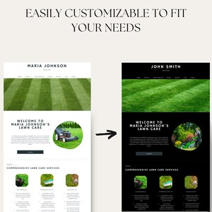Puede incluir: Dos maquetas de sitios web para servicios de cuidado de c&eacute;sped. La primera maqueta es blanca con c&eacute;sped verde en el fondo y una cortadora de c&eacute;sped en un c&iacute;rculo. La segunda maqueta es negra con c&eacute;sped verde en el fondo y una cortadora de c&eacute;sped en un c&iacute;rculo. Ambas maquetas tienen el texto "Bienvenido a Maria Johnson's Lawn Care" y "Servicios integrales de cuidado de c&eacute;sped".
