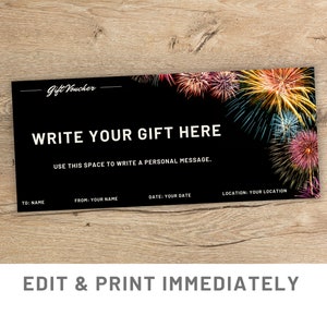 Modello coupon regalo modificabile per coupon di Capodanno Canva Modello certificato regalo di Capodanno Buono regalo stampabile Carta regalo personalizzata con fuochi d'artificio