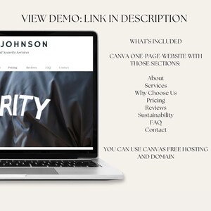 May include: A laptop computer displaying a website mockup for a security services company called "Johnson". The website includes sections for pricing, reviews, FAQ, and contact. The text "What's Included" is displayed on the right side of the screen, along with a list of website sections: About, Services, Why Choose Us, Pricing, Reviews, Sustainability, FAQ, and Contact. The text "You can use Canva's free hosting and domain" is also displayed.