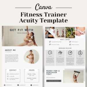 Op de afbeelding: Een witte en beige sjabloon voor de website van een fitness trainer. De sjabloon bevat een foto van een vrouw die yoga doet, een sectie over de trainer, een contactsectie, een sectie over openingstijden, een sectie over wat de trainer aanbiedt, een sectie over boekingsbeleid en een sectie over het boeken van een afspraak. De tekst op de sjabloon bevat de woorden "Get Fit With", "Maria Johnson", "About Me", "Contact", "Hours", "What I Offer", "Booking Policies", "Ready for a Healthier You?", en "Book your appointment".