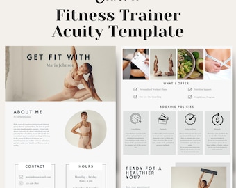 May include: A white and beige template for a fitness trainer's website. The template includes a photo of a woman doing yoga, a section about the trainer, a contact section, a section on hours, a section on what the trainer offers, a section on booking policies, and a section on booking an appointment. The text on the template includes the words "Get Fit With", "Maria Johnson", "About Me", "Contact", "Hours", "What I Offer", "Booking Policies", "Ready for a Healthier You?", and "Book your appointment".