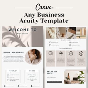 Può includere: Un modello di sito web aziendale beige e bianco. Il modello include un messaggio di benvenuto, informazioni di contatto, orari di apertura e una sezione di prenotazione. Il testo "Benvenuti a Maria Johnson" è in cima alla pagina. Il testo "Ciao, bella!" è in un cerchio con una collana d'oro e una mano al suo interno. Il testo "Pronto a prenotare?" è in fondo alla pagina.