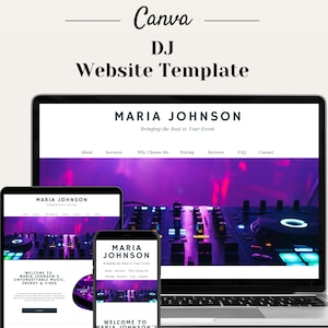 May include: A website template for a DJ, featuring a laptop, tablet, and smartphone displaying a website with the text "MARIA JOHNSON Bringing the Beat to Your Event". The website has a menu with links to "About", "Services", "Why Choose Me", "Pricing", "Reviews", "FAQ", and "Contact". The background image is a close-up of a DJ mixer with colourful lights.