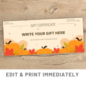Custom Autumn Coupon Pumpkin Editable Gift Coupon Template Canva Thanksgiving Voucher Gift Certificate Template Printable Gift Voucher
