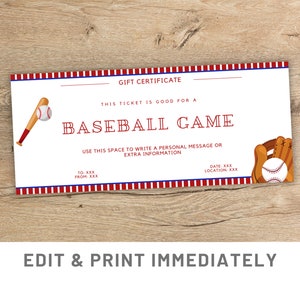 Boleto sorpresa para juego de béisbol Plantilla Canva imprimible Cupón de regalo para juego de béisbol personalizado Boleto sorpresa deportivo Tarjeta de béisbol Regalo de último minuto