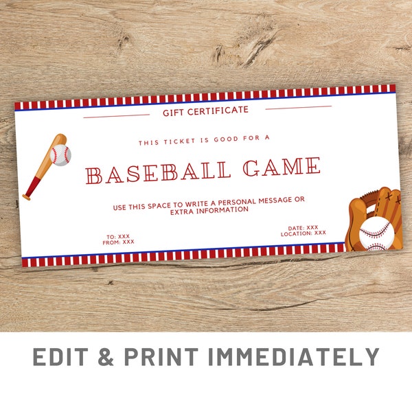 Surprise Baseball Game Ticket Printable Canva Template Custom Baseball Game Gift Coupon Sport Surprise Ticket Baseball Card Last Minute Gift