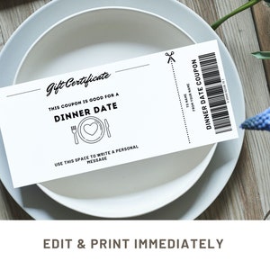 Dinner Date Coupon Editable Gift Coupon Template Canva Dinner Voucher Gift Certificate Template Printable Coupon Custom Last Minute Gift