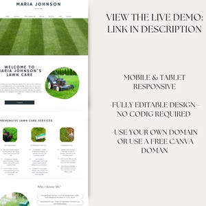 Puede incluir: Una maqueta de sitio web para un negocio de cuidado de c&eacute;sped llamado Maria Johnson's Lawn Care. El sitio web presenta un fondo de c&eacute;sped verde, una imagen de una cortadora de c&eacute;sped y una lista de los servicios que se ofrecen. El texto "VIEW THE LIVE DEMO: LINK IN DESCRIPTION" se muestra en la esquina superior derecha de la imagen.