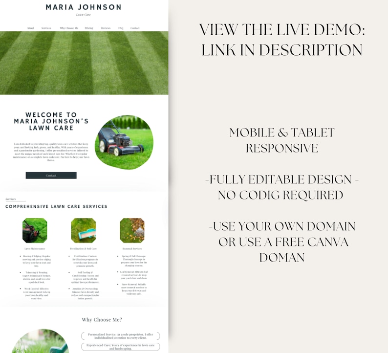 Puede incluir: Una maqueta de sitio web para un negocio de cuidado de c&eacute;sped llamado Maria Johnson's Lawn Care. El sitio web presenta un fondo de c&eacute;sped verde, una imagen de una cortadora de c&eacute;sped y una lista de los servicios que se ofrecen. El texto "VIEW THE LIVE DEMO: LINK IN DESCRIPTION" se muestra en la esquina superior derecha de la imagen.