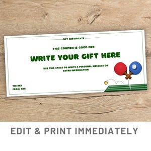 Cupom de presente de tênis de mesa modelo de tênis editável Canva presente de pingue-pongue presente de aniversário Whiff-Whaff tênis de mesa voucher de pingue-pongue personalizado