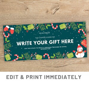 Christmas Coupon Custom Christmas Gift Coupon Template Canva Christmas Voucher Gift Card Template Printable Christmas Last Minute Gift