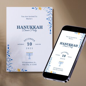 Edytowalne zaproszenie na Chanukę Wydrukowane zaproszenie na Chanukę Canva Cyfrowe zaproszenie na Chanukę Zaproszenie na kolację chanukową Szablon Chanuki